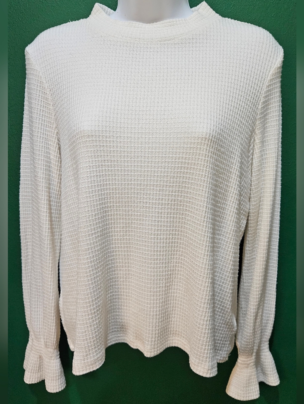 Cream Waffle-Knit Long Sleeve Sweater